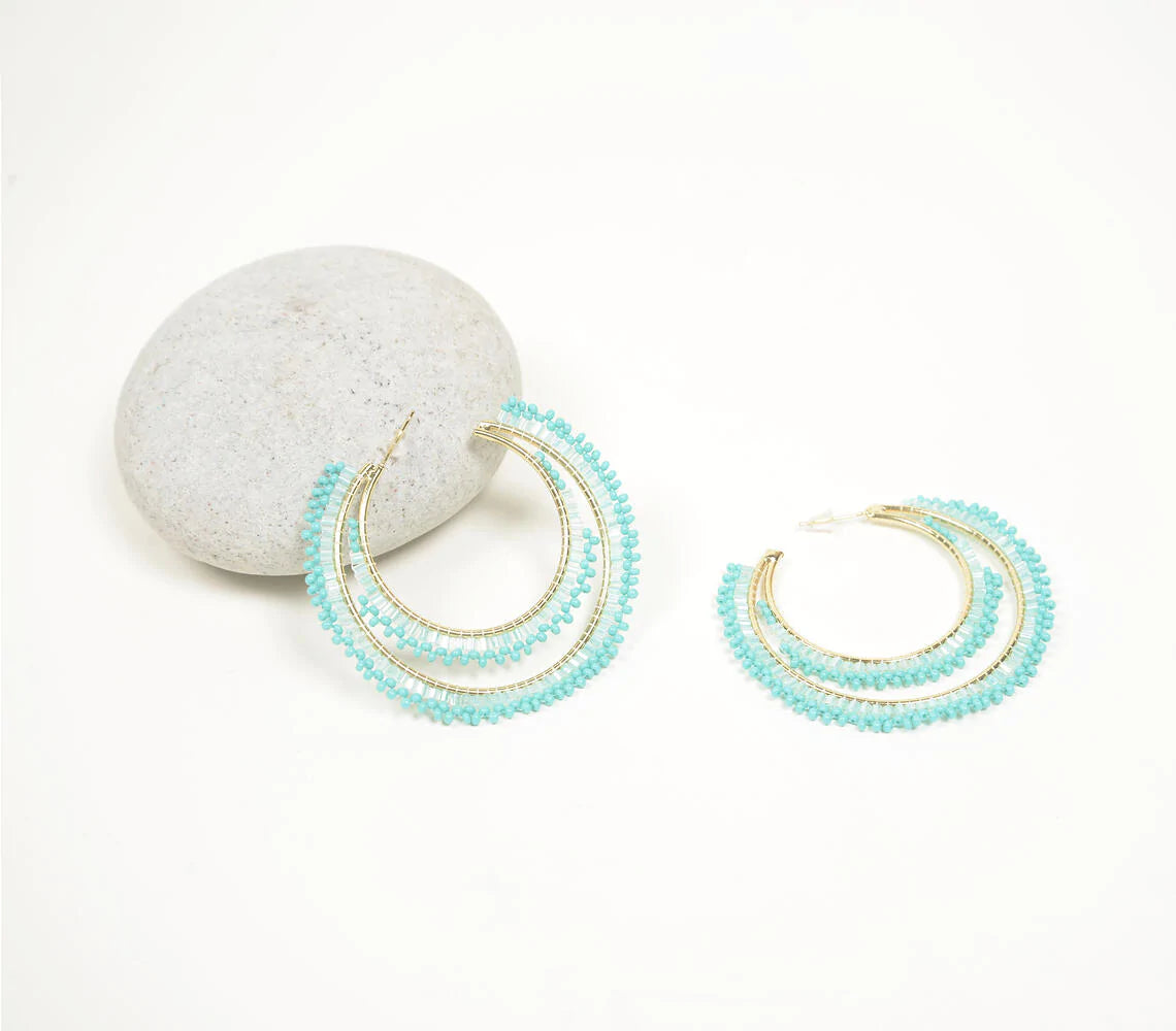 Aqua Glass Bead Hoop Earrings