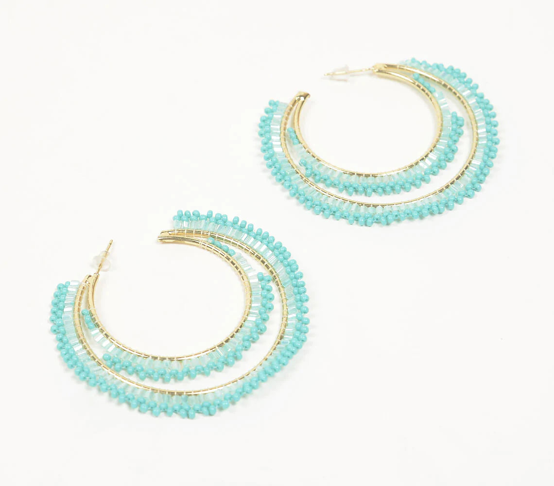 Aqua Glass Bead Hoop Earrings