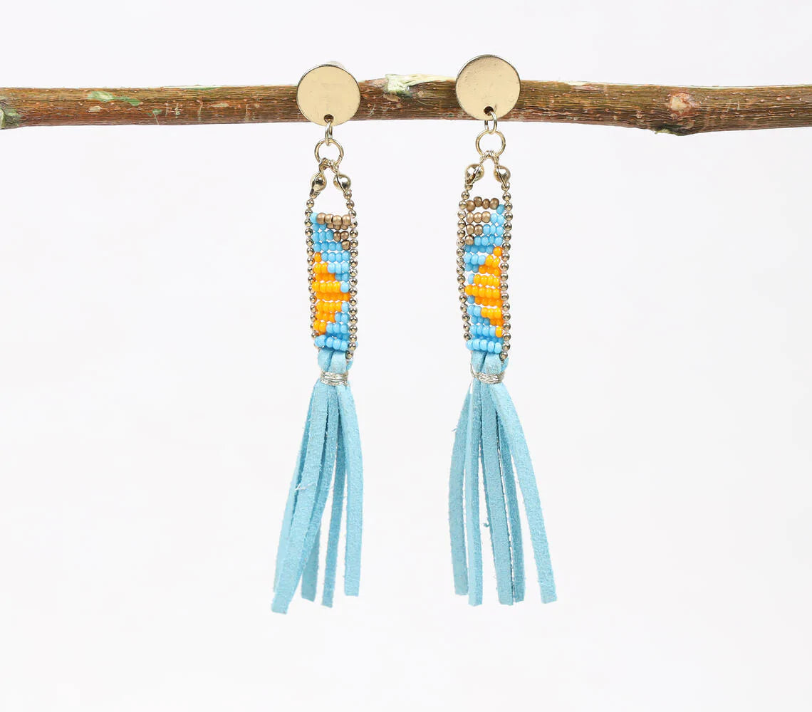 Gold-Toned Metal & Beads Fringed Shoulder-Duster Earrings