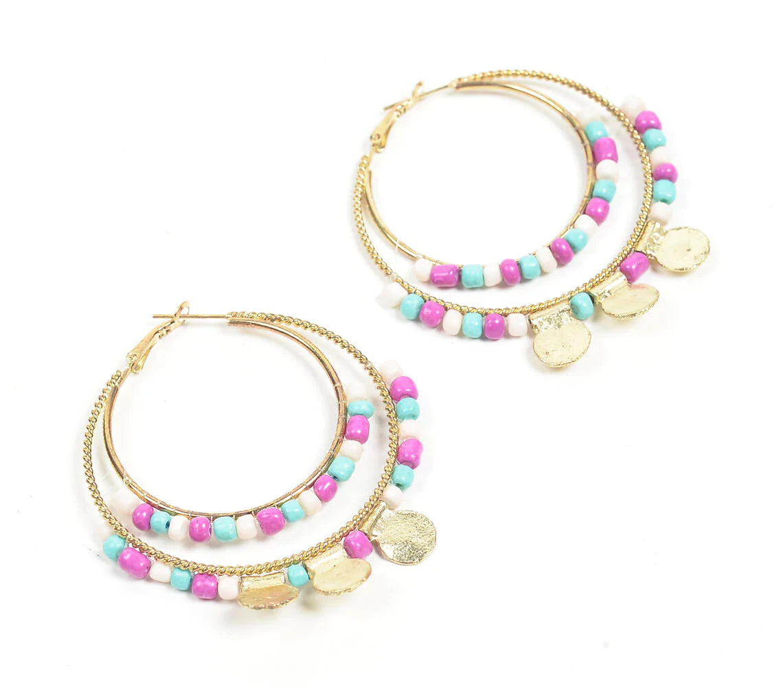 Gold-Toned Iron & Glass Beaded Dual-Hoop Earrings