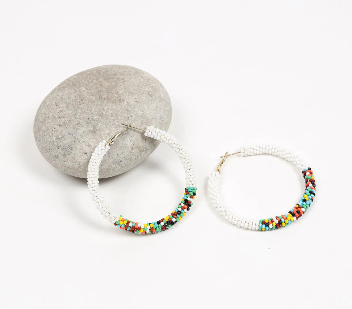 Glass Beaded White Hoop Earrings