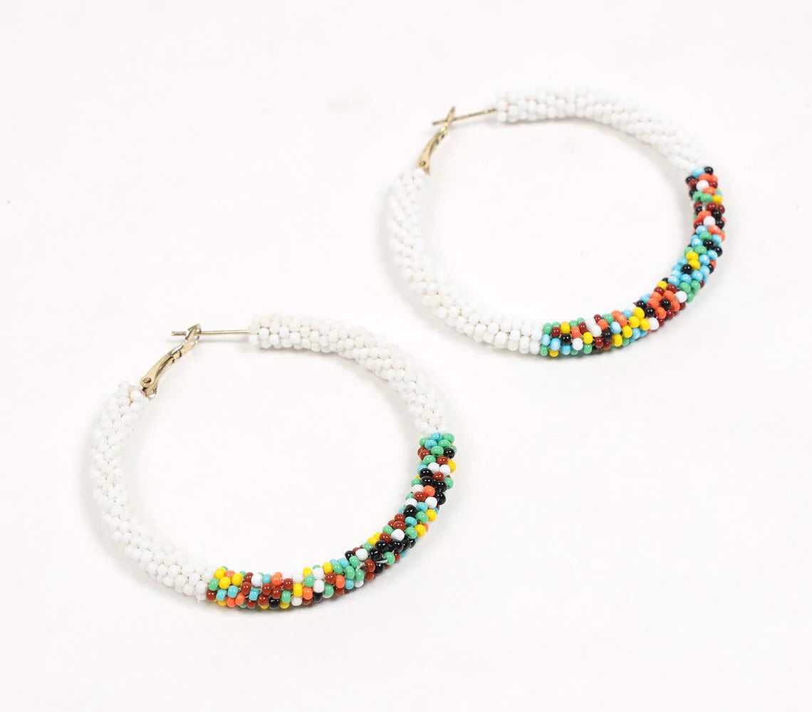 Glass Beaded White Hoop Earrings