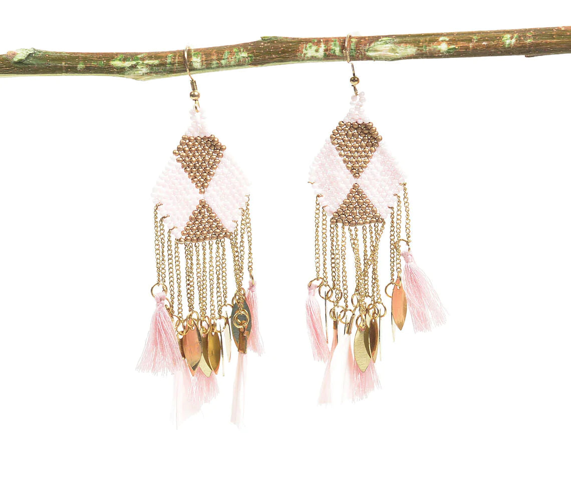 Gold-Toned Iron & Pink Beads Shoulder Duster Earrings
