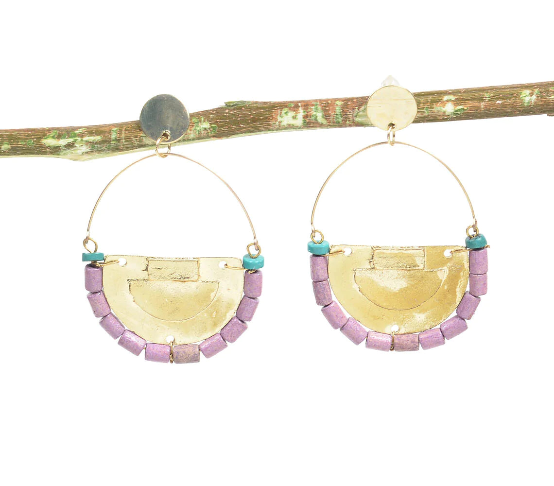 Metallic Cresent & Lilac Beaded Dangle Earrings