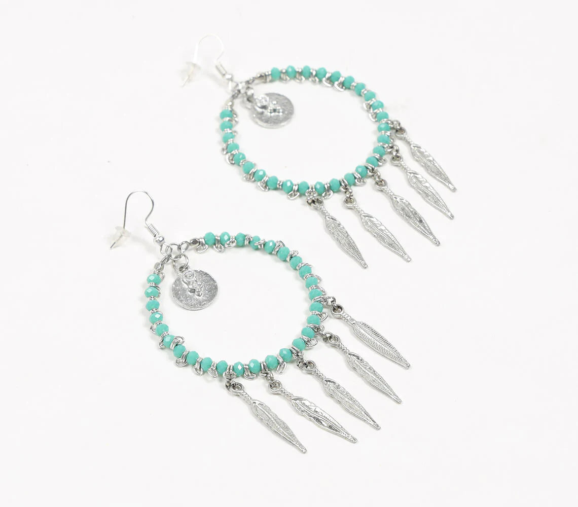 Silver-Toned Iron & Turquoise Beads Shoulder-Duster Earrings