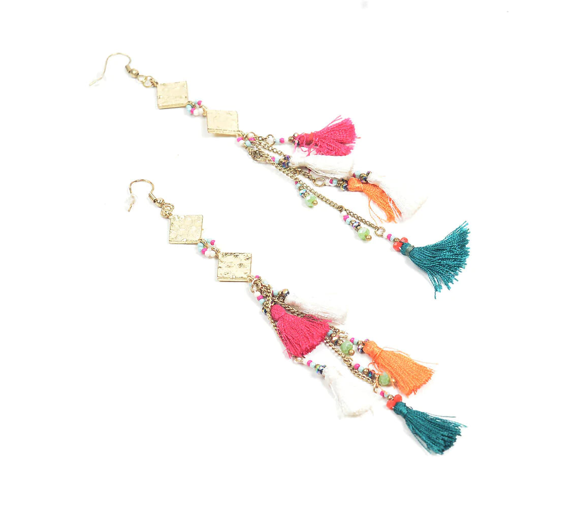 Bead Tasseled & Metallic Charm Earrings