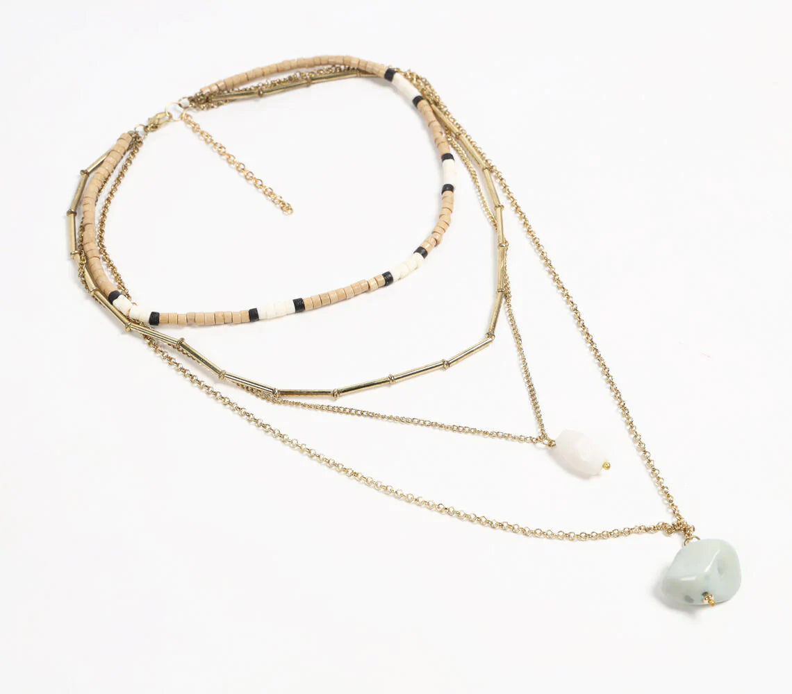 Natural Stone & Recycled Bone Layered Metallic necklace