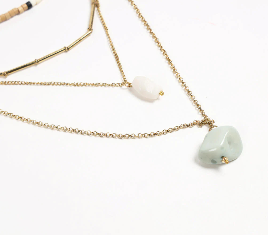 Natural Stone & Recycled Bone Layered Metallic necklace
