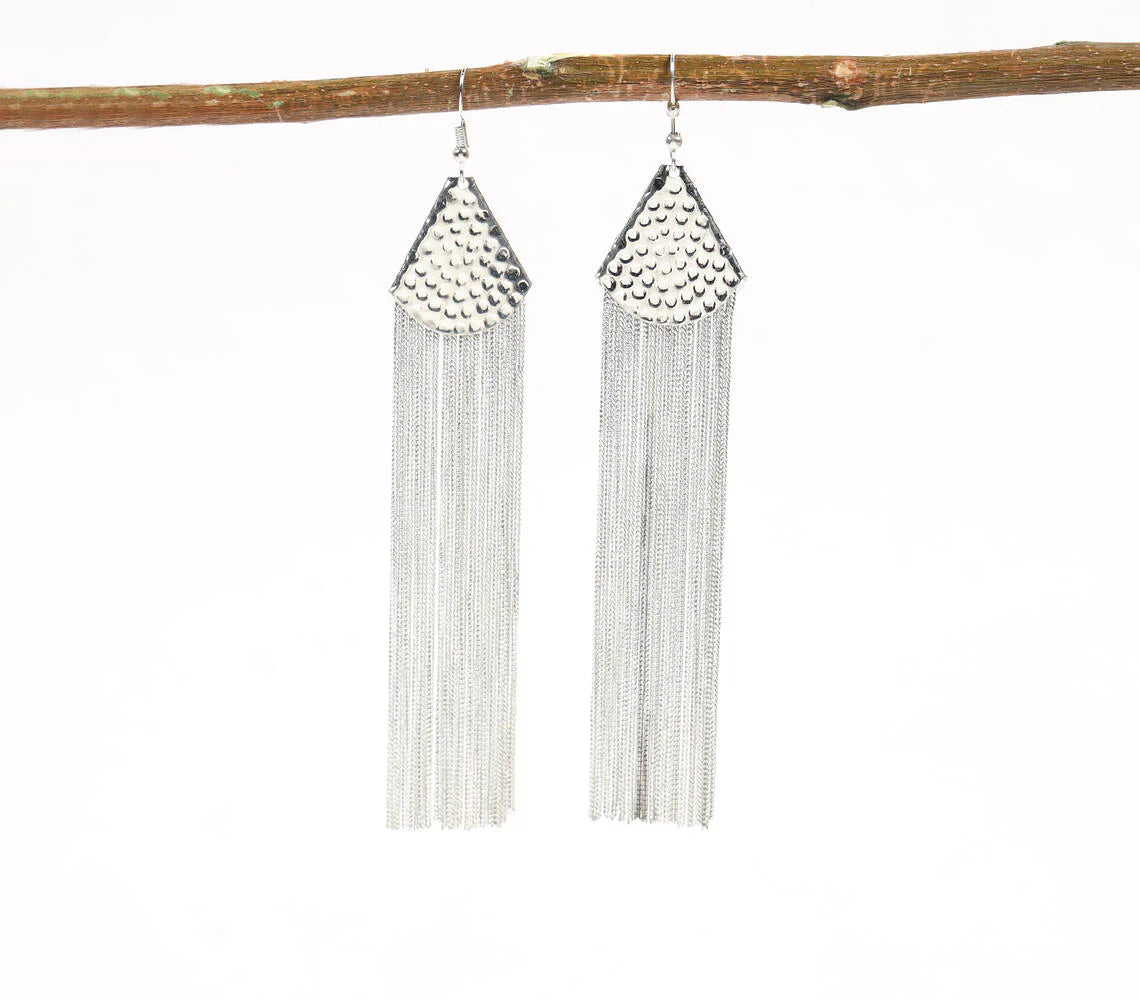 Hammered Silver-Toned Metal Shoulder-Duster Earrings