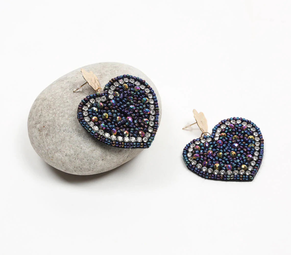 Beaded Hearts on Velvet Statement Earrings