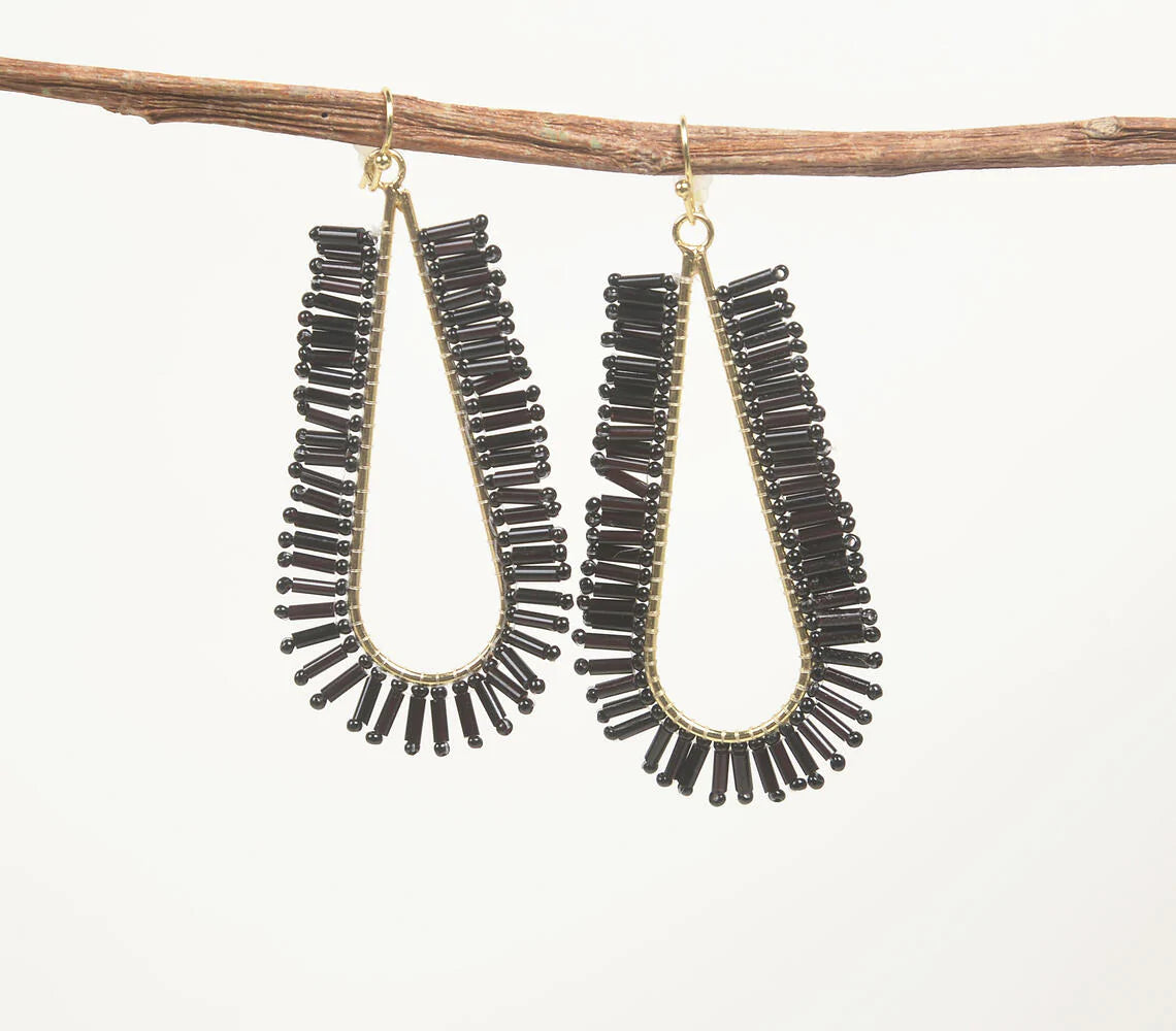 Gold-Toned Iron & Black Glass Beads Drop-Shaped Dangle Earrings