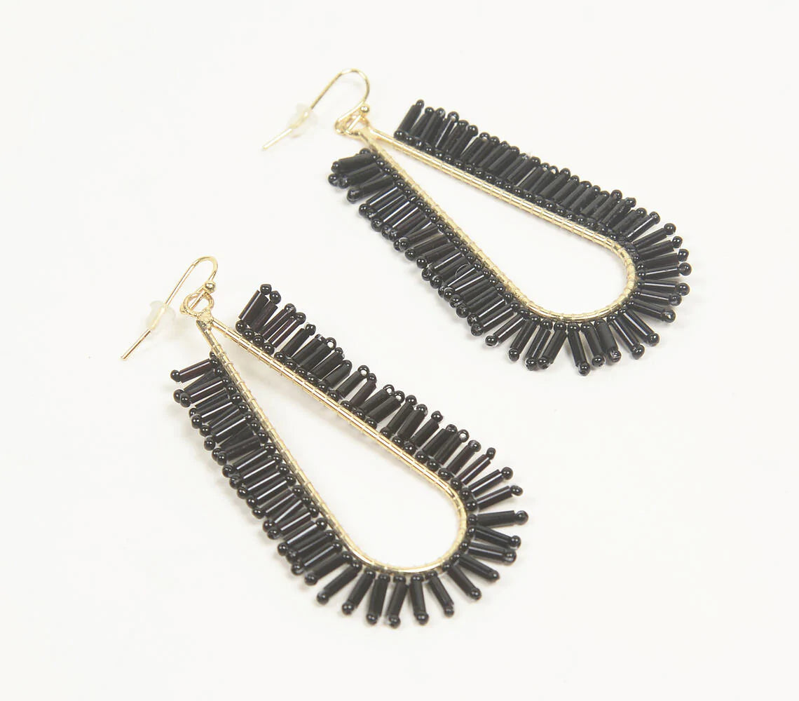 Gold-Toned Iron & Black Glass Beads Drop-Shaped Dangle Earrings