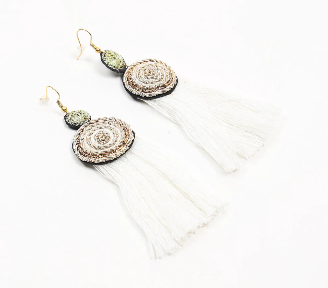 Boho Thread Design Velvet White Earrings