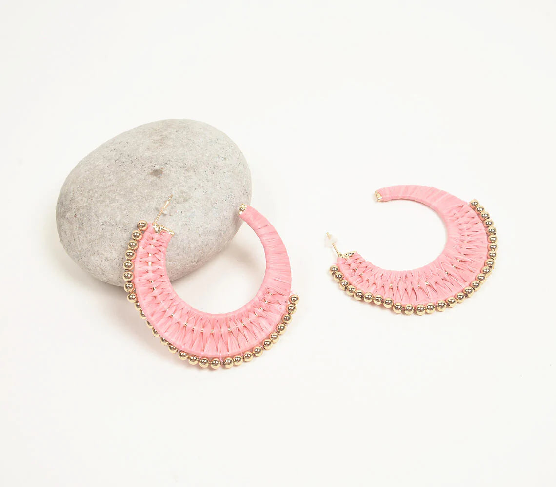 Raffia-Wrapped Iron Coral C-Hoop Earrings