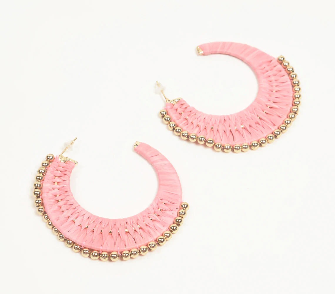 Raffia-Wrapped Iron Coral C-Hoop Earrings