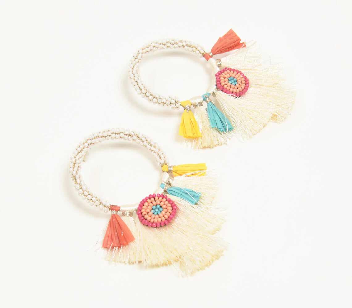 Glass Beaded Loop Tasseled Drop Earrings