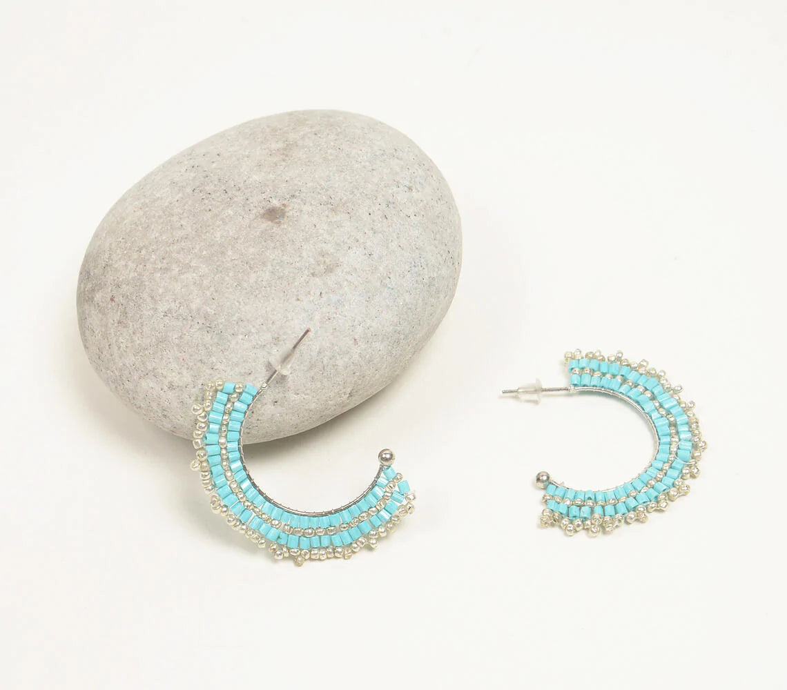 Silver & Turquoise Glass Beaded C-Hoop Earrings