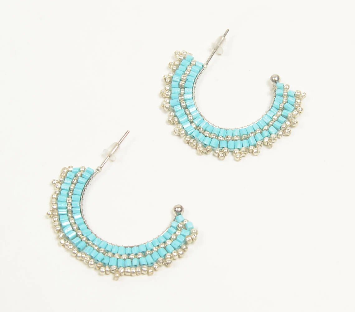 Silver & Turquoise Glass Beaded C-Hoop Earrings