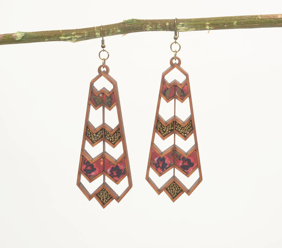 Reclaimed Wood Geometric Red Dangle Earrings