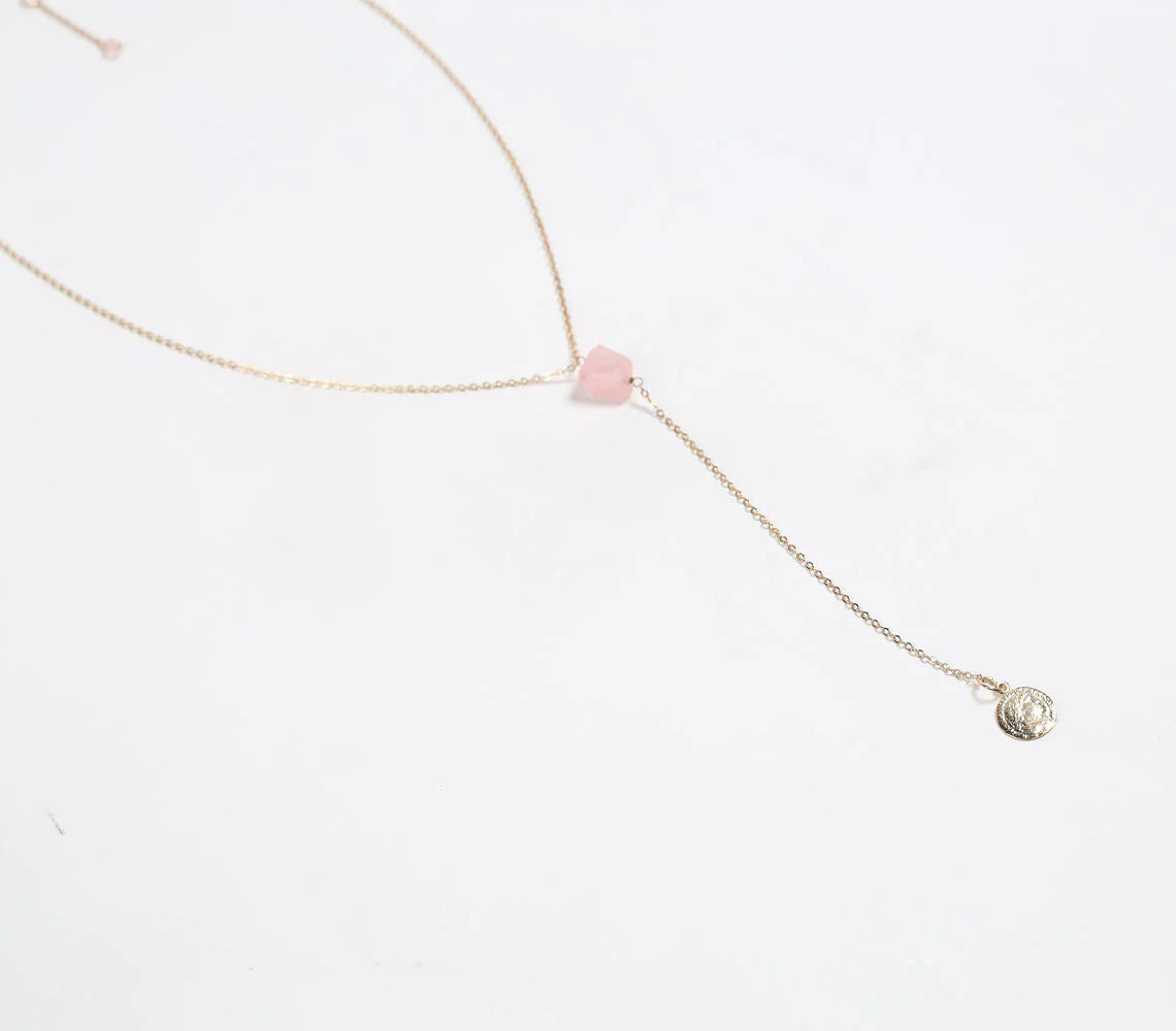 Gold-Toned Recycled Brass & Rose-Quartz Lariat Necklace