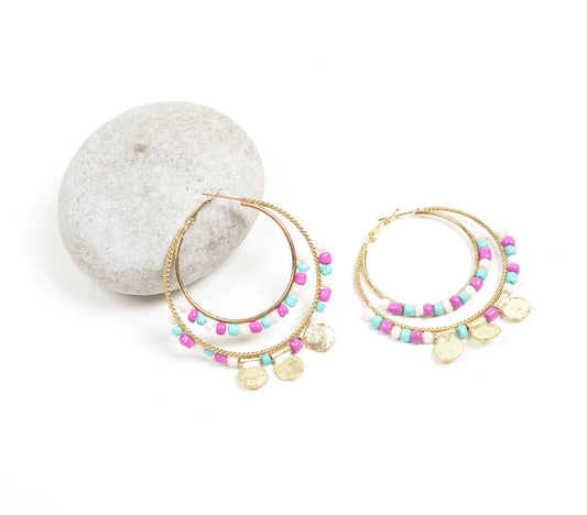 Gold-Toned Iron & Glass Beaded Dual-Hoop Earrings
