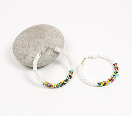 Glass Beaded White Hoop Earrings