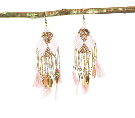 Gold-Toned Iron & Pink Beads Shoulder Duster Earrings