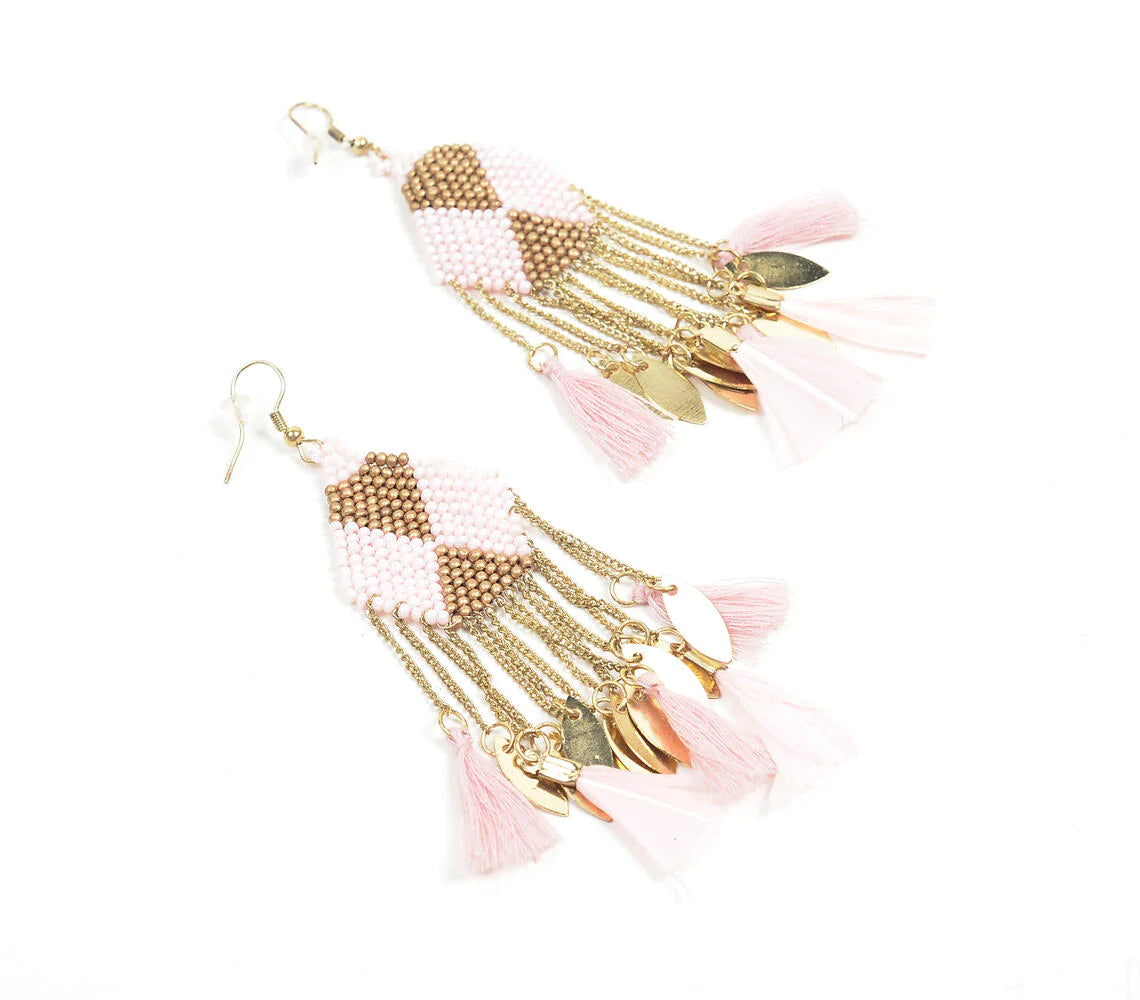 Gold-Toned Iron & Pink Beads Shoulder Duster Earrings