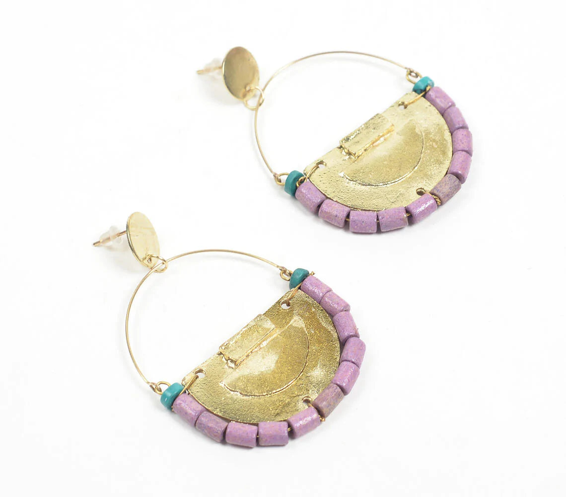 Metallic Cresent & Lilac Beaded Dangle Earrings