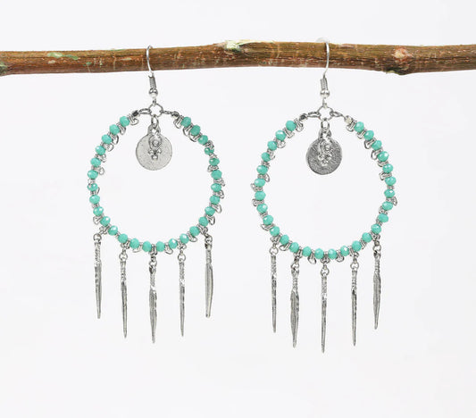 Silver-Toned Iron & Turquoise Beads Shoulder-Duster Earrings