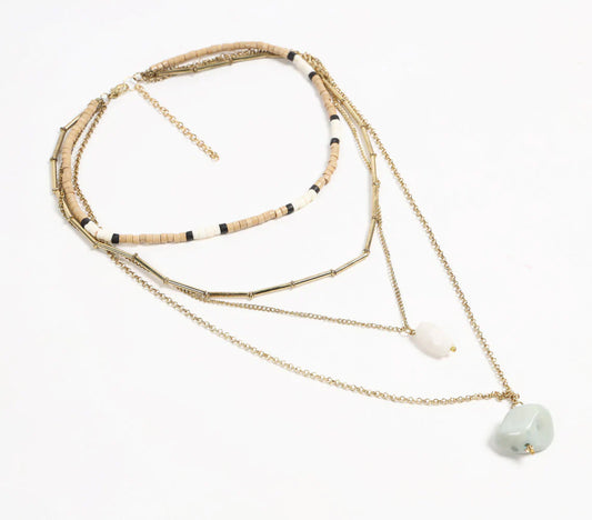 Natural Stone & Recycled Bone Layered Metallic necklace