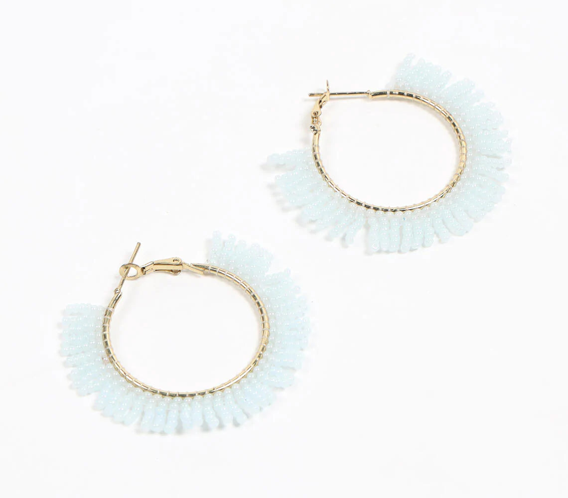 Beaded Light Blue Hoop Earrings