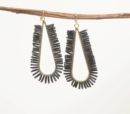 Gold-Toned Iron & Black Glass Beads Drop-Shaped Dangle Earrings