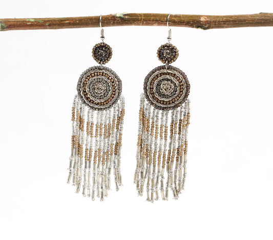 Brown Beaded Shoulder-Duster Earrings