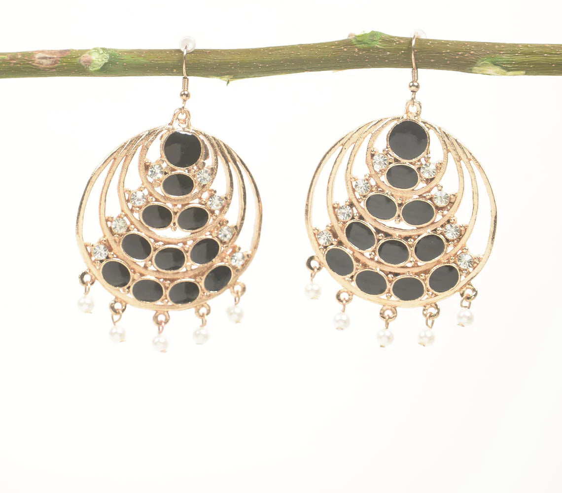 Black Glass & Gold-Toned Dangle Earrings