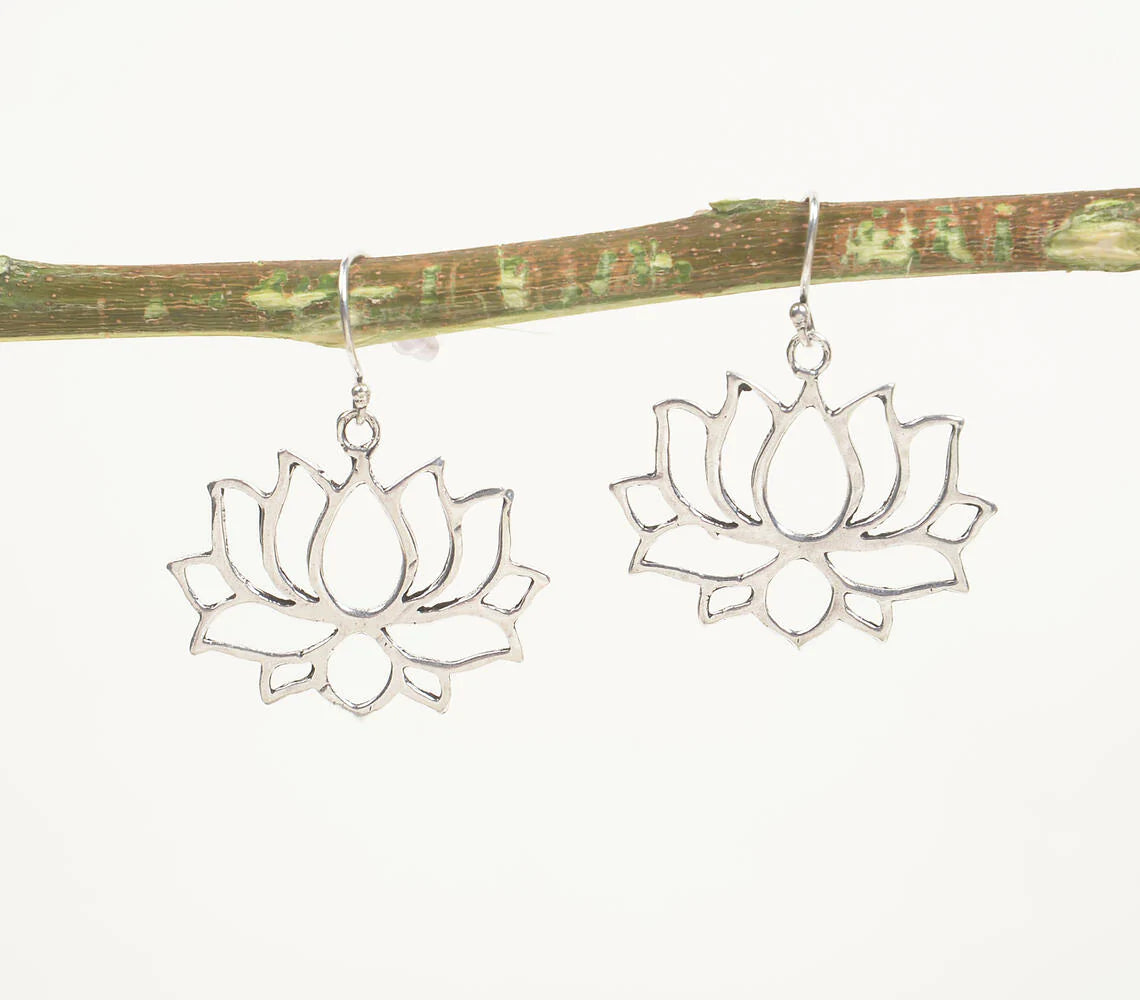 Lotus Motif Brass Silver Toned Dangle Earrings