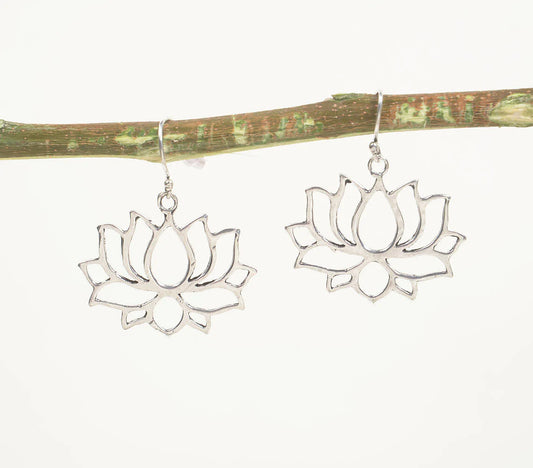 Lotus Motif Brass Silver Toned Dangle Earrings