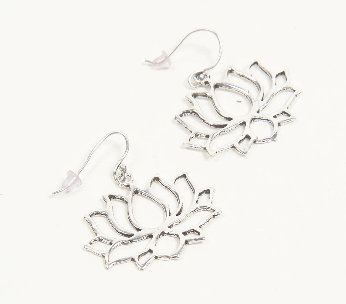 Lotus Motif Brass Silver Toned Dangle Earrings